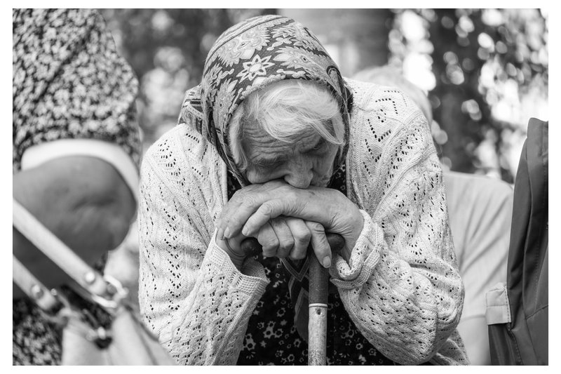 Regional assistance points of Russian Red Cross. Senior woman awaiting assistance