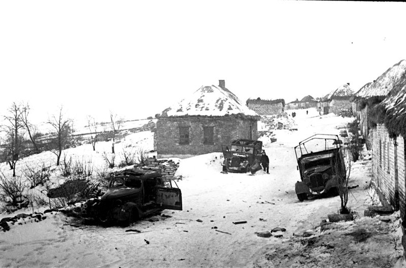 Abandoned German vehicles on the way of the German retreat (Don front)