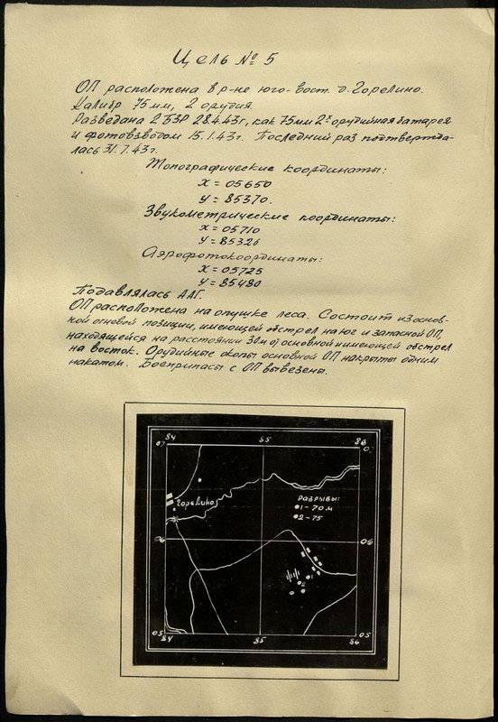 Оригинальный образ: Цель № 5. Огневая позиция расположена в районе юго-вост. д. Горелино. Калибр 75 мм, 2 орудия