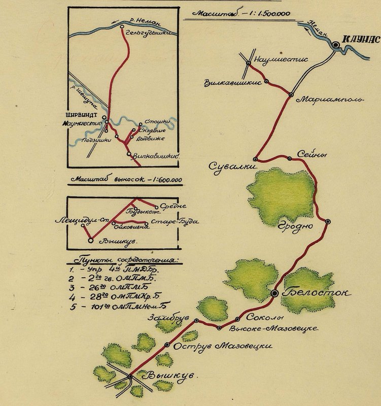 Image: Scheme of the route of movement of units of the 4th pontoon-bridge brigade (PMD brigade) from the 3rd to the 2nd Belorussian Front