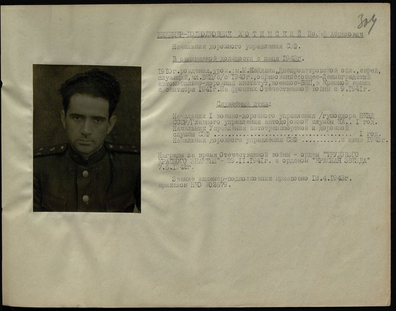 Original image: Engineer-Lieutenant Colonel Hotimsky Iosif Abramovich. Head of the Road Administration of the North-West Front