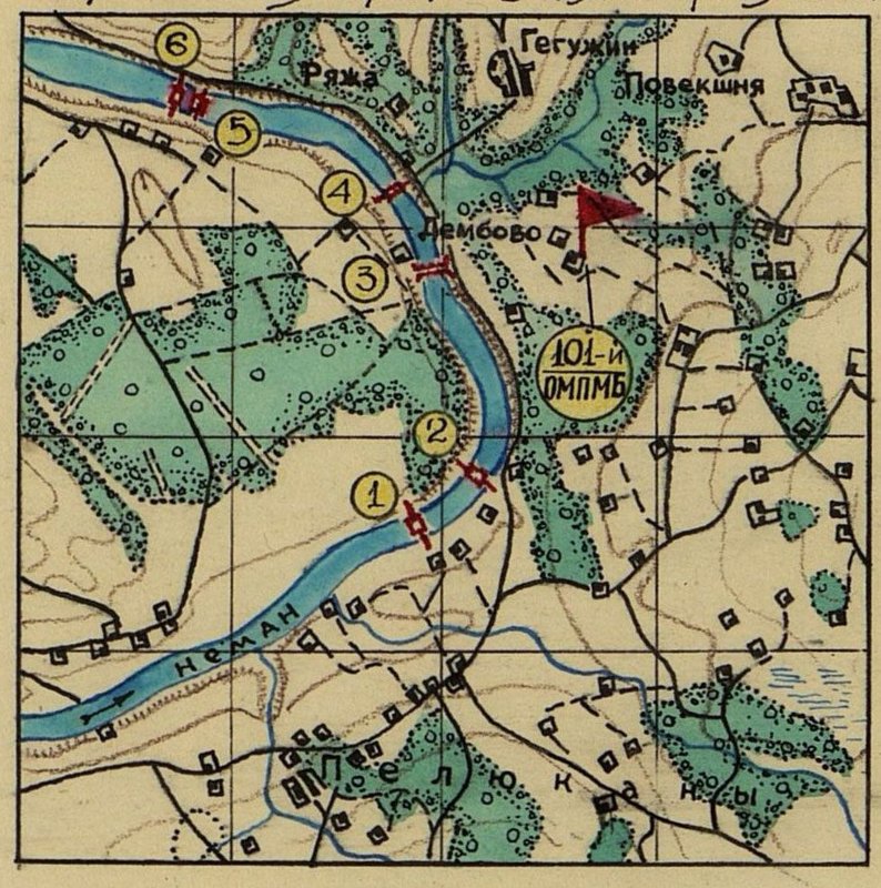 Image: Scheme of crossing points across the Neman River, arranged by 101 separate motorized pontoon-bridge battalion (ommb)