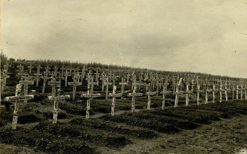 Image: German cemetery in the village of Maslovo. Most of the graveyard crosses have inscriptions for 5.7 and 6.7 1943