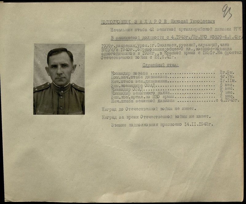 Original image: Lieutenant-Colonel Nikolay T. Zakharov. Chief of Staff of the 42nd Anti-Aircraft Artillery Division of the Reserve of the High Command