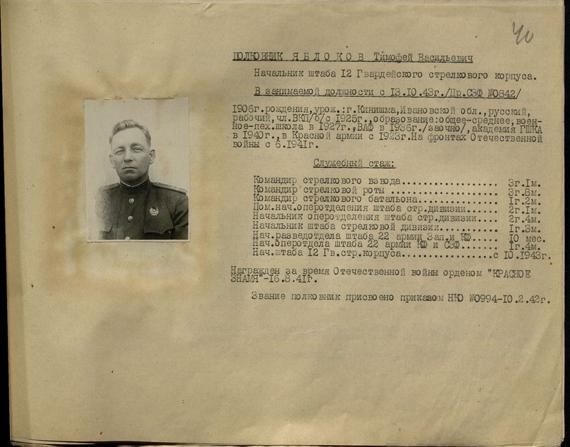 Оригинальный образ: Полковник Яблоков Тимофей Васильевич. Начальник штаба 12 Гвардейского стрелкового корпуса