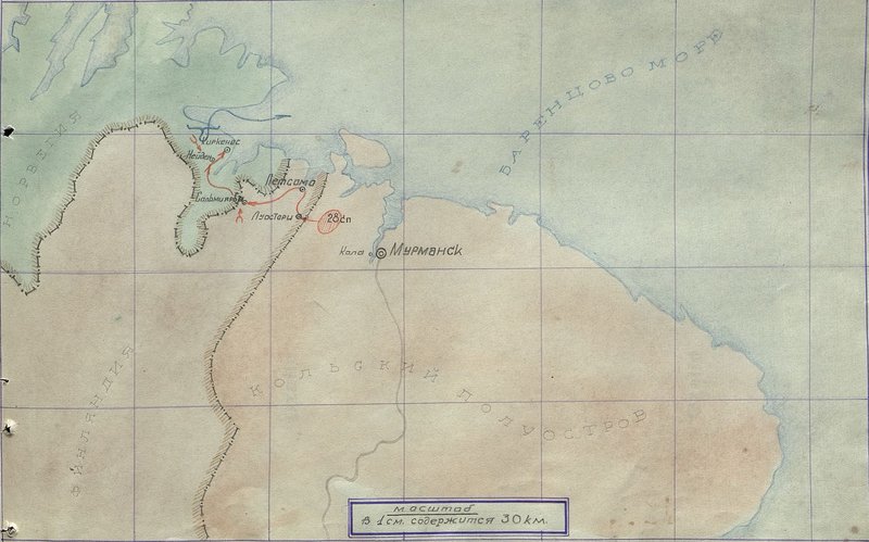 Image: Diagram of the combat path of the 28th Guards Rifle Corps (SKKP) from the Spire (8860) Height to Kirenes. Norway