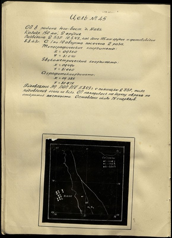 Оригинальный образ: Цель № 45. Огневая позиция в районе д. Маяк юго-восточней. Калибр - 150 мм, 2 орудия