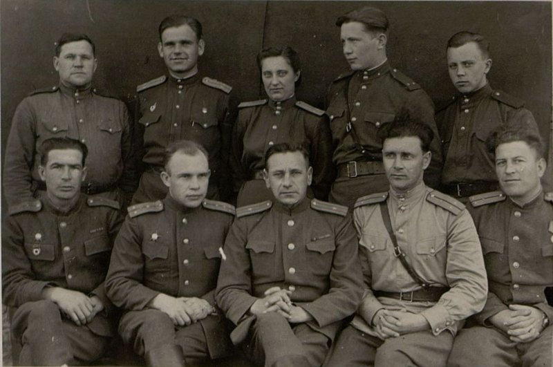 Image: Sitting: Captain A. Bavrichev, Captain I. Bakulin, Major A. Rytov, Lieutenant A. Vasilchikov, Senior Lieutenant M. Kharkiv; standing: Сorporal Fadeev N.E., Lieutenant Vanags V.Ya., Lieutenant Veselovskaya G.I., Lieutenant Kuzin I.G., Red Army soldier Tatarinov S.S.