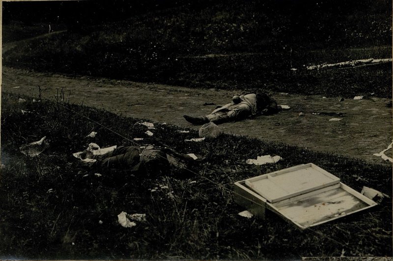 Image: The corpses of German soldiers destroyed by artillery fire in the Trosna region