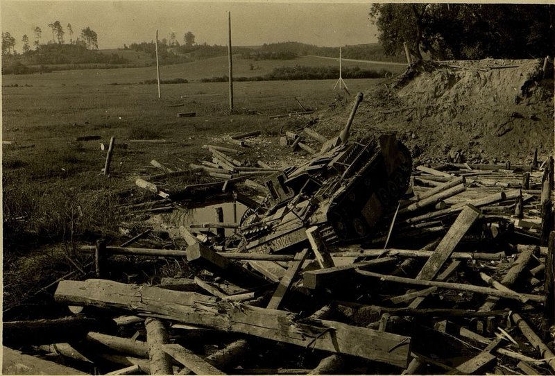 Image: Wooden bridge over the Basya river, Khilkovichi village, destroyed by bombing of attack aircraft on 23.6.44.