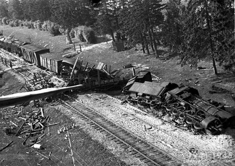 German train blown up by the partisan group "Liberator" of Trakai partisan brigade between the railway stations Rudishkes-Klepochai (Lithuanian SSR)