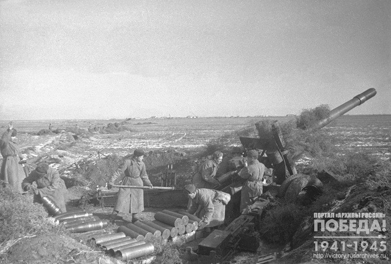 Howitzers #4906 - Commander Senior Sergeant A. Sunuk, and howitzers #4866 are firing at German positions near the Turkish rampart. Armyansk, 1944