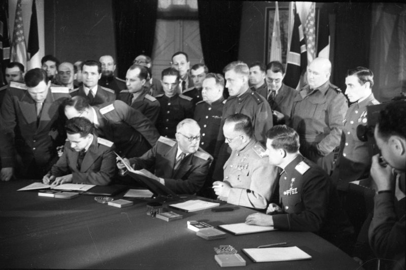 Soviet delegation at the signing ceremony of the Declaration of German Defeat