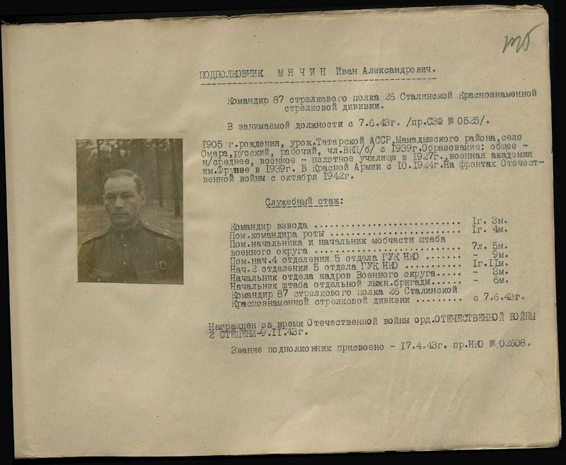 Оригинальный образ: Подполковник Мячин Иван Александрович. Командир 87 стрелкового полка 26 Сталинской Краснознаменной стрелковой дивизии