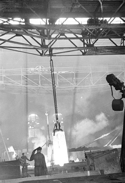 Crane with workpiece. Dneprodzerzhinsky metallurgical plant. Dneprodzerzhinsk. 1941