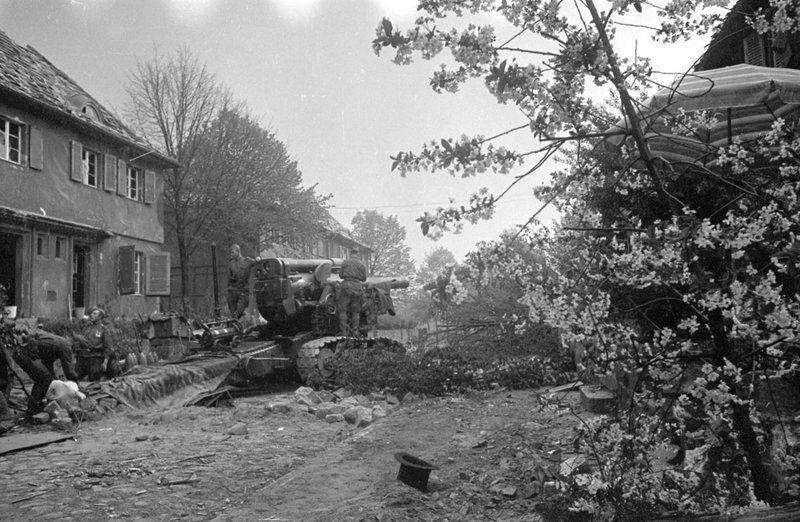 Sergeant N. Meshkov's B-4 howitzer of the 100th Howitzer Aartillery Brigade fires in Berlin