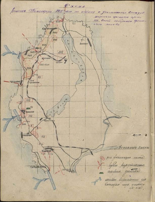 Original image: The scheme of the decision of the Commander of the 192 guards rifle regiment to defend and destroy the landing enemy amphibious assault to the east coast of the Gulf of Finland