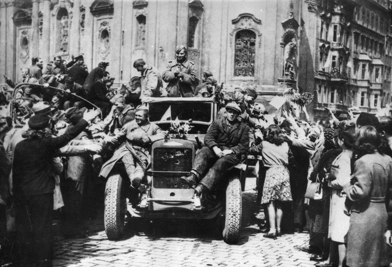 People of Prague meet Soviet soldiers on the Staromestskaya square