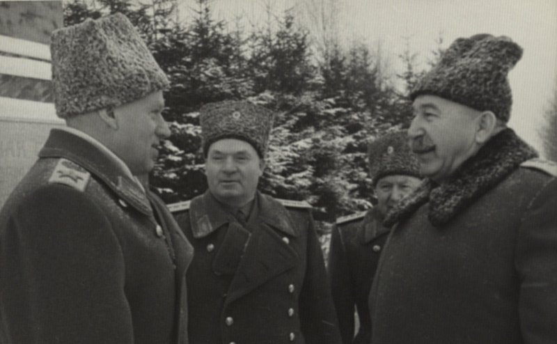 Marshal K. Rokossovsky, Colonel Generals D. Lelyushenko, V. Kuznetsov, Belov at Permilovskaya height choosing a place for the installation of the monument in honor of the victories of the 1st Shock, 30th, 20th and 16th Armies