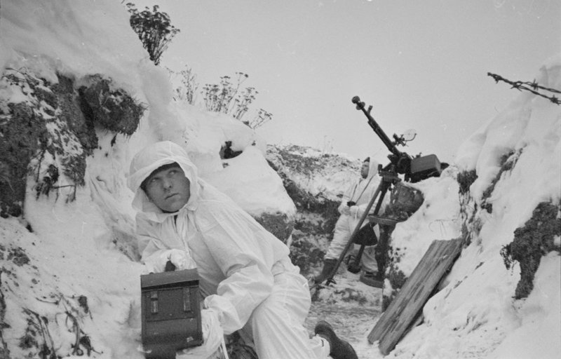 Sergeant N. Tolsipenkov's anti-aircraft machine gun crew firing on enemy aircrafts