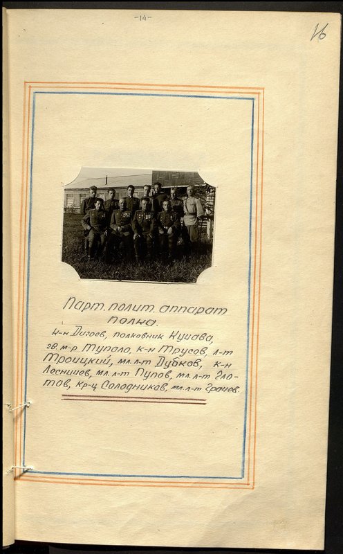 Оригинальный образ: Парт. полит аппарат полка. капитан Дигоев, полковник Кучава, гвардии майор Тупало, капитан Трусов, лейтенант Троицкий, младший лейтенант Дубков, капитан Лесничев, младший лейтенант Пупов, младший лейтенант Глотов, краноармеец Солодников, младший лейтенант Грачев