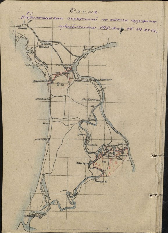 Original image: The scheme of defensive structures by cut-off. positions made by the Guards Rifle Regiment 15-24.05.44