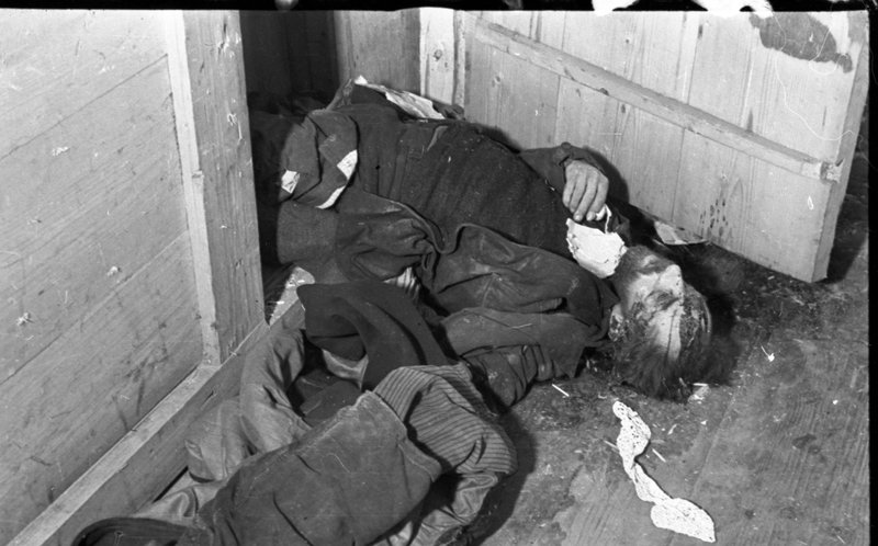 "Kalinin Front. In liberated Rzhev. The corpse of a murdered man."