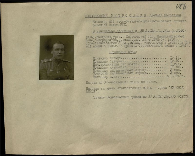 Original image: Lieutenant Colonel Mitrofanov Alexey Moiseevich. Commander of the 699th Anti-Tank Artillery Regiment of the Reserve of the High Command