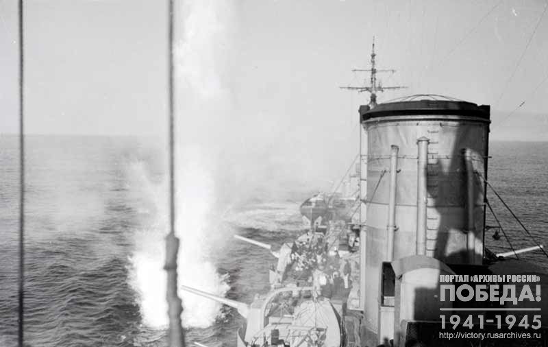 Soviet cruiser passes the zone of fire of the fascist batteries