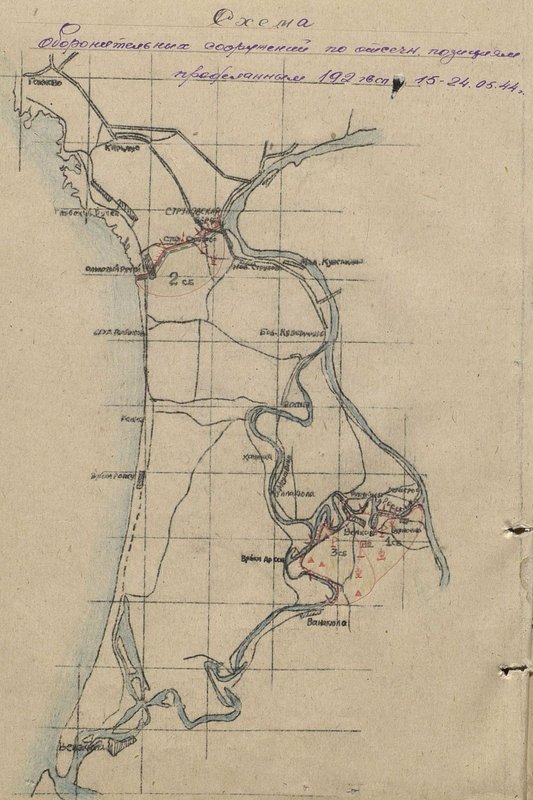 Image: The scheme of defensive structures by cut-off. positions made by the Guards Rifle Regiment 15-24.05.44