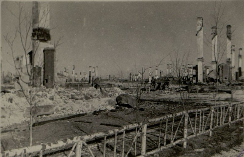 Фотография: Вид сожженного железнодорожного поселка в г. Дно