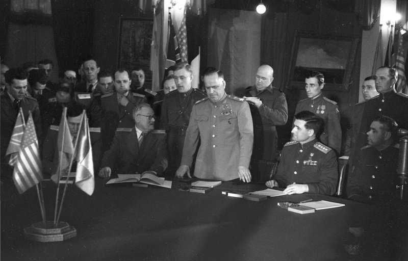 Soviet delegation at the signing ceremony of the Declaration of German Defeat