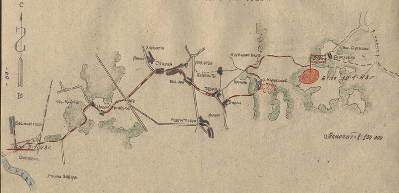 Image: The scheme of the march of a perfect 342 bn in the night from 9.1.43 to 10.1.43 from the Vesely settlement area to the Ur area. Stone Mane