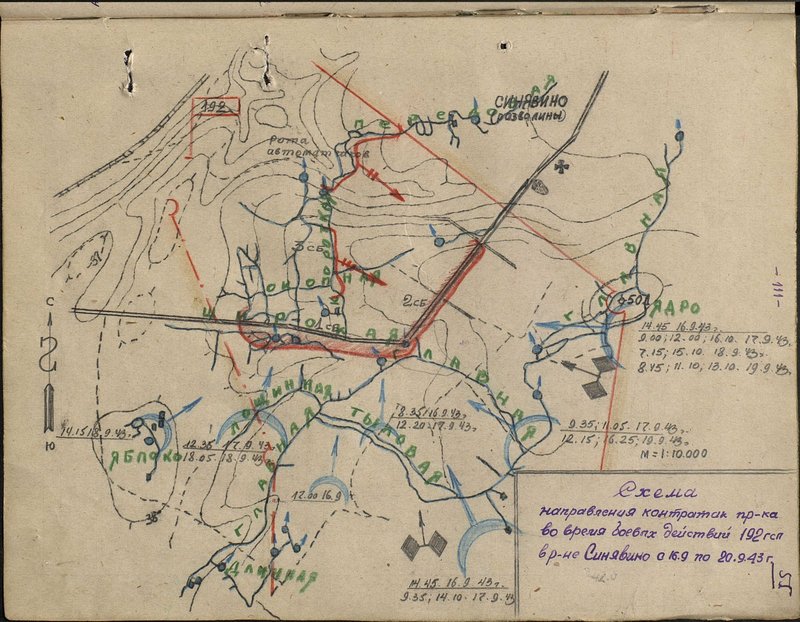 Original image: Diagram of the direction of enemy counterattacks during the hostilities of the 192nd guards rifle regiment in the Sinyavino area from 16.9 to 20.9.43.