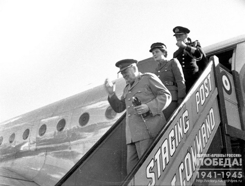 W. Churchill, British Prime Minister and his daughter, Oliver came off the plane on day of arrival to Berlin Conference