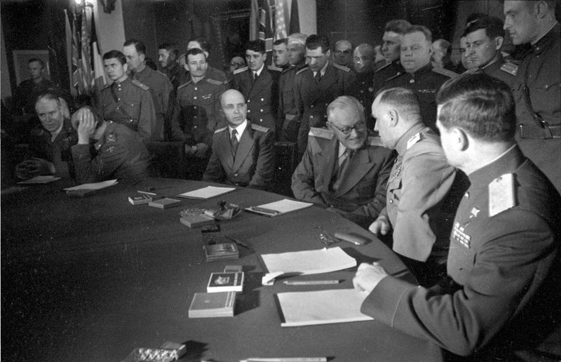 Soviet delegation at the signing ceremony of the Declaration of German Defeat