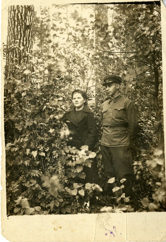 "Friend of F.A. Mironov with a lady taking a walk in the woods. Late 1930s - early 1940s."
