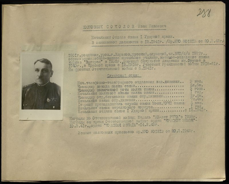 Original image: Colonel Sokolov Ivan Pavlovich. Head of the Communications Department of the 1st Shock Army