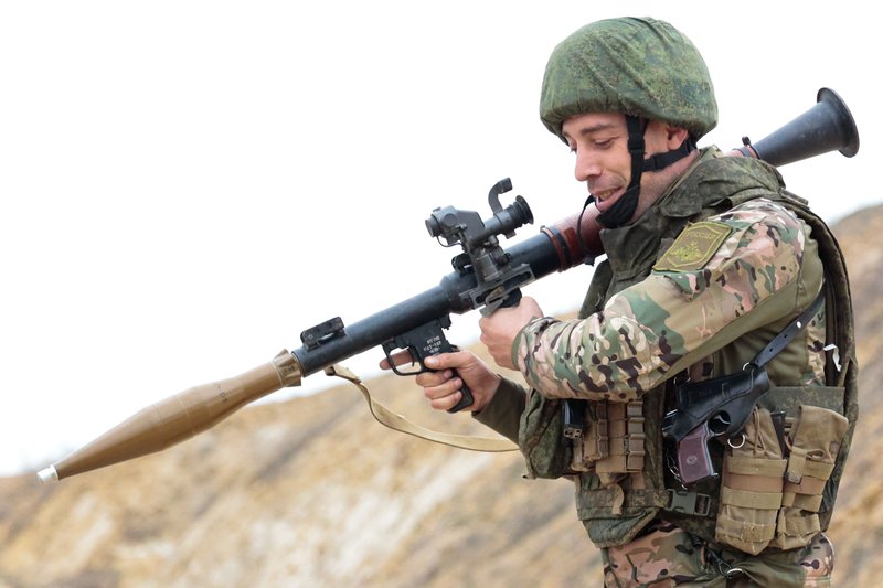 Operation of volunteer battalion named after Andrew the First-called in Zaporozhye region. Russia. Zaporozhye region. Serviceman during training using RPG hand-held anti-tank grenade launcher