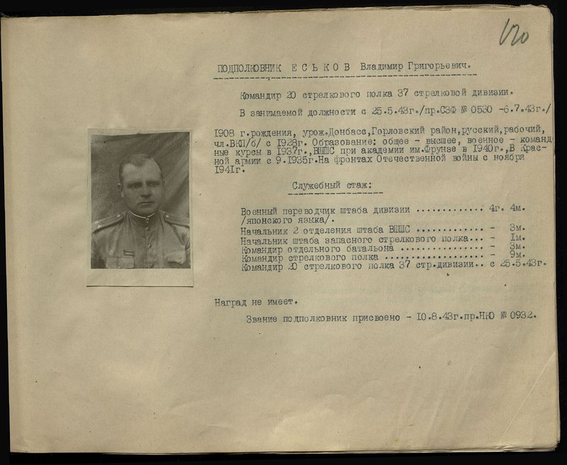 Оригинальный образ: Подполковник Еськов Владимир Григорьевич. Командир 20 стрелкового полка 37 стрелковой дивизии