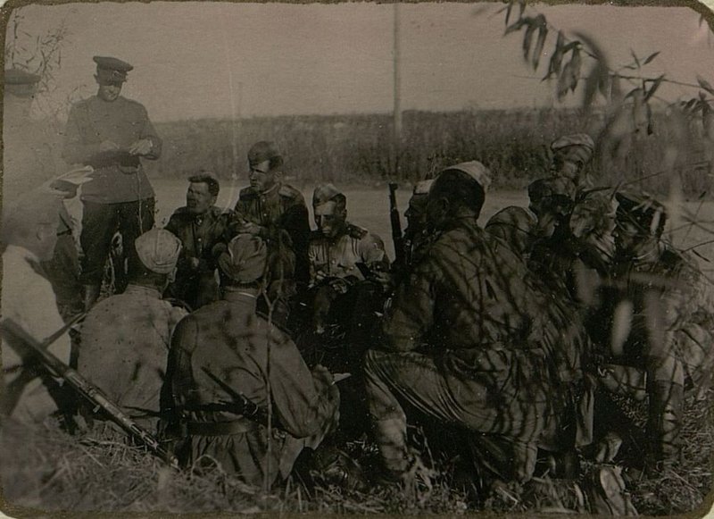 Image: Meeting of party members of primary party organizations of the 404th Rifle Regiment. The meeting is chaired by Comrade Golub's regiment commander and Comrade Yuzhakov's party commander