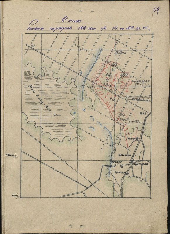 Original image: The scheme of combat orders of the 192nd guards rifle regiment at 14.00 on 22.02.44