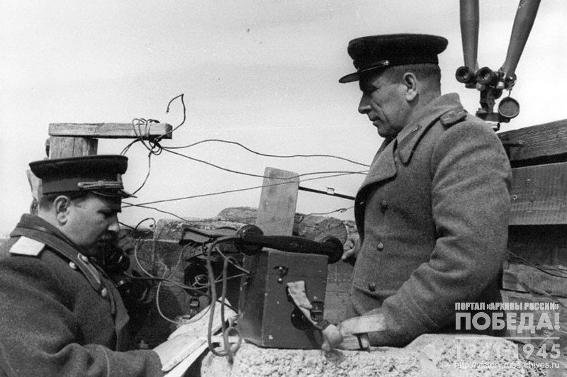 Hero of the Soviet Union, Guard Major-General S.A. Kozak and Guard Colonel S.F. Yeletskov at the observation post, 3rd Ukrainian Front