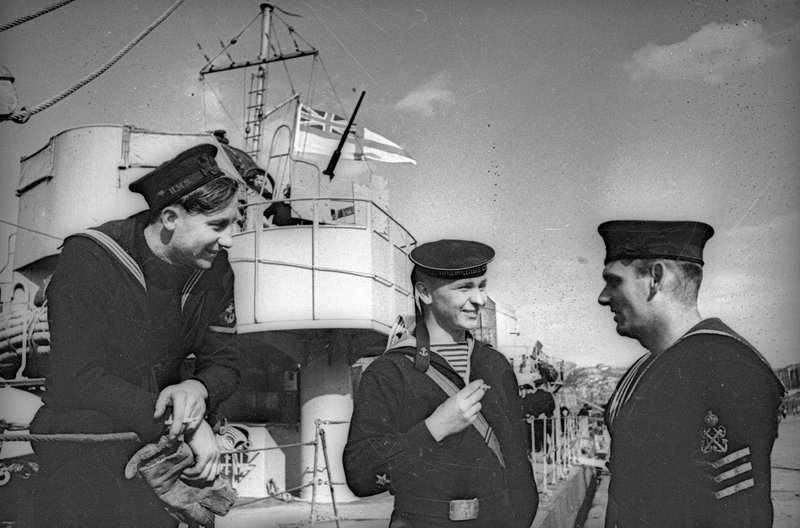 Soviet and British sailors on the ship. Kola Peninsula