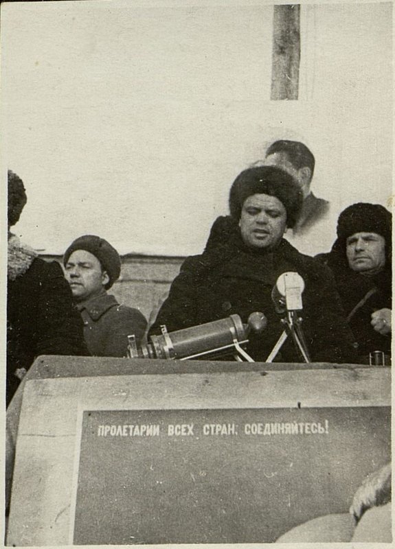 Image: Secretary of the Local Committee (MK) of the All-Union Communist Party of the Bolsheviks, T. Chernousov, speaking at a rally in the liberated Mozhaisk