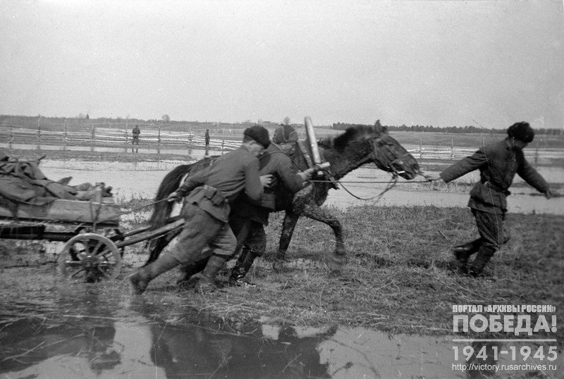 Бойцы вытаскивают из грязи воз с боеприпасами, направляющийся на передовую линию фронта