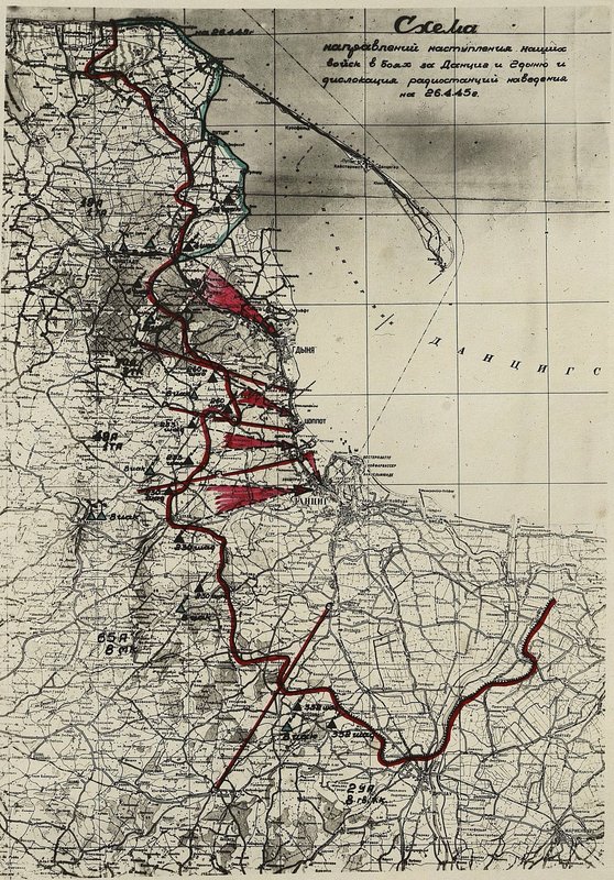 Image: Diagram of the directions of the offensive of our troops in the battles for Danzig and Gdynia and the deployment of radio guidance stations