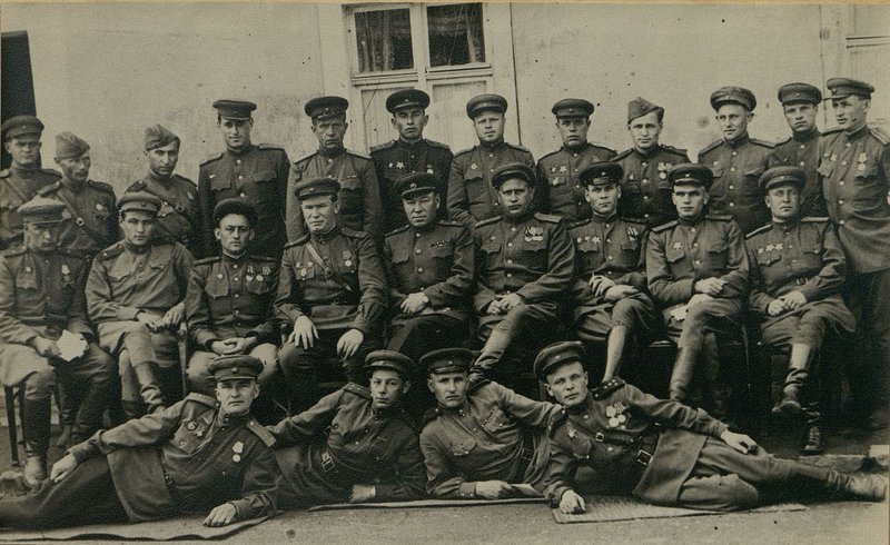 Image: From left to right: 1st row: Senior Lieutenants Mordvin and Sapozhnikov, Major Yeletsky, Captain Ayushev; 2nd row: Major Khomenko, Major Sherstnev, Lieutenant Colonel Mosenzon, Lieutenant Colonel Krolevetsky, Major General Maksutov, Colonel Maryashin, Lieutenant Colonel Kondratenko, Major Doverov and Major Zhorin; 3rd row: Senior Lieutenant Demidov, Art. Lieutenant Sabatkovsky, Senior Lieutenant Dossel, Lieutenant Colonel Selyametov, Captain Desyukevich, Major Sultanov, Captain Chesnokov, Guard Major of the Medical Service Morugiy, Major of the Internal Service Kozhevnikov, Major Klepikov, Major Breim and Major Rabinovich