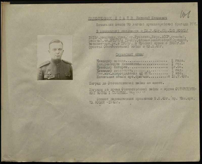 Original image: Lieutenant Colonel Isaev Nikolay Ivanovich. Chief of Staff of the 78th Light Artillery Brigade of the Reserve of the High Command