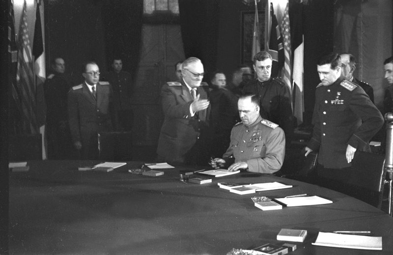 Soviet delegation at the signing ceremony of the Declaration of German Defeat